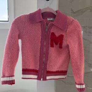 Miu Miu inspired Pink Zip-Front Knit Cardigan with Red 'M'